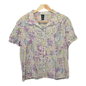 Basic Editions Womens Button Up Shirt 1X Purple Floral Print Pintuck Swiss Dot